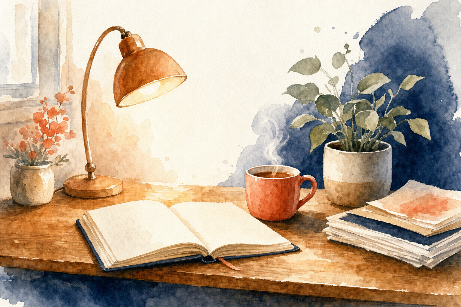 Illustration Devoirs maison - aquarelle bureau cosy avec lampe et carnet