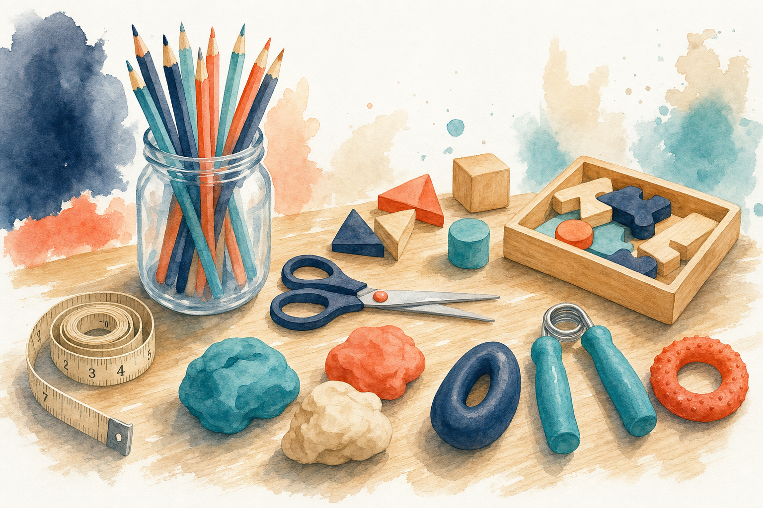 Illustration Ergothérapeute - aquarelle atelier avec crayons, ciseaux et puzzle