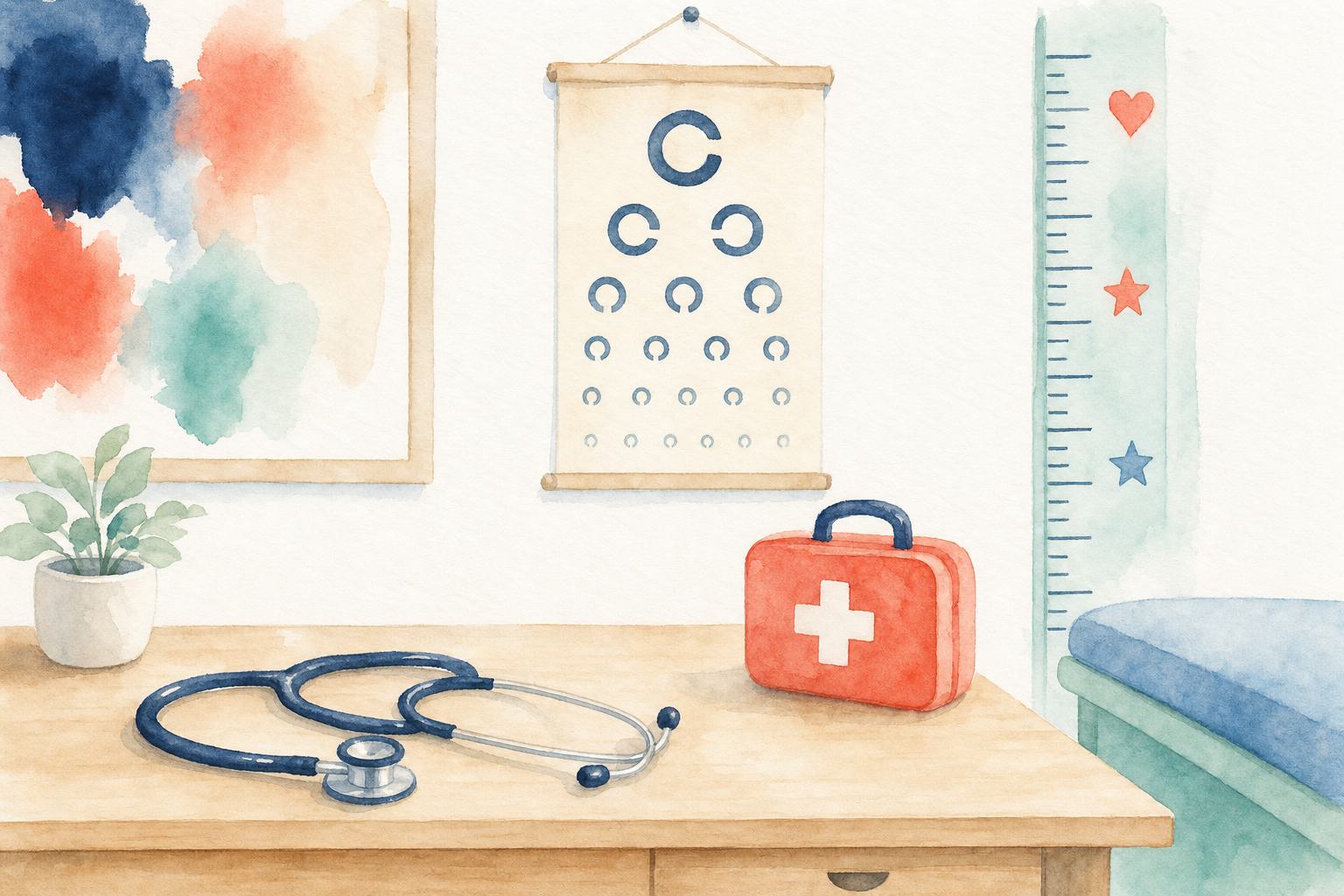 Illustration Médecin - aquarelle cabinet pédiatrique avec stéthoscope