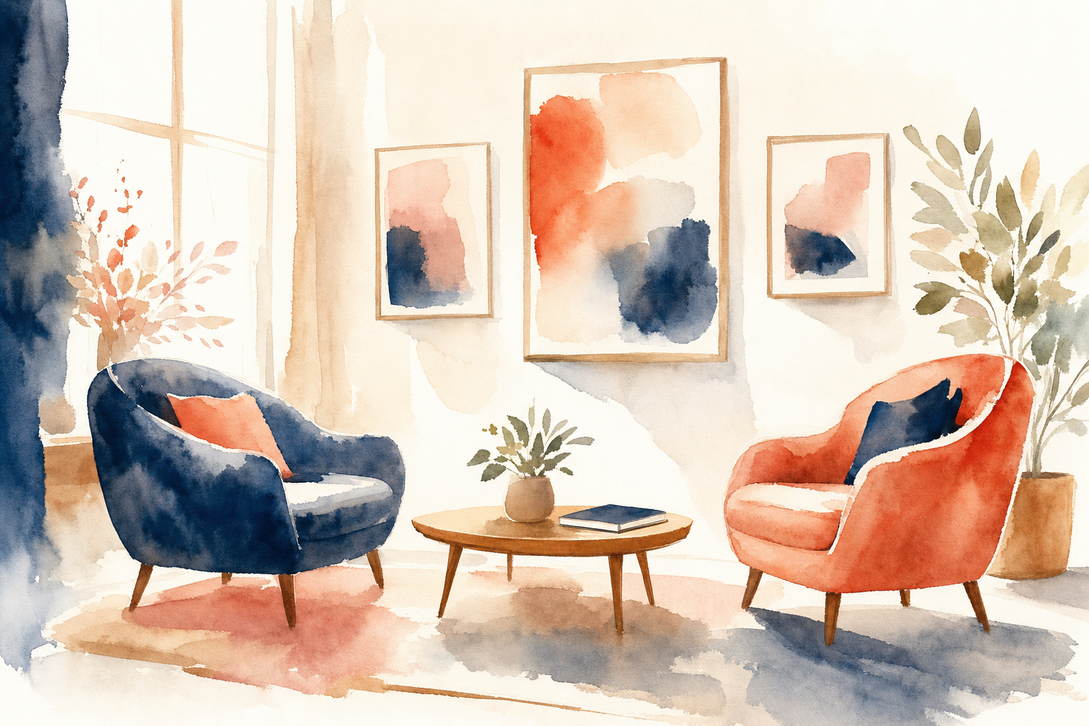 Illustration Psychologue - aquarelle cabinet avec fauteuils et plantes