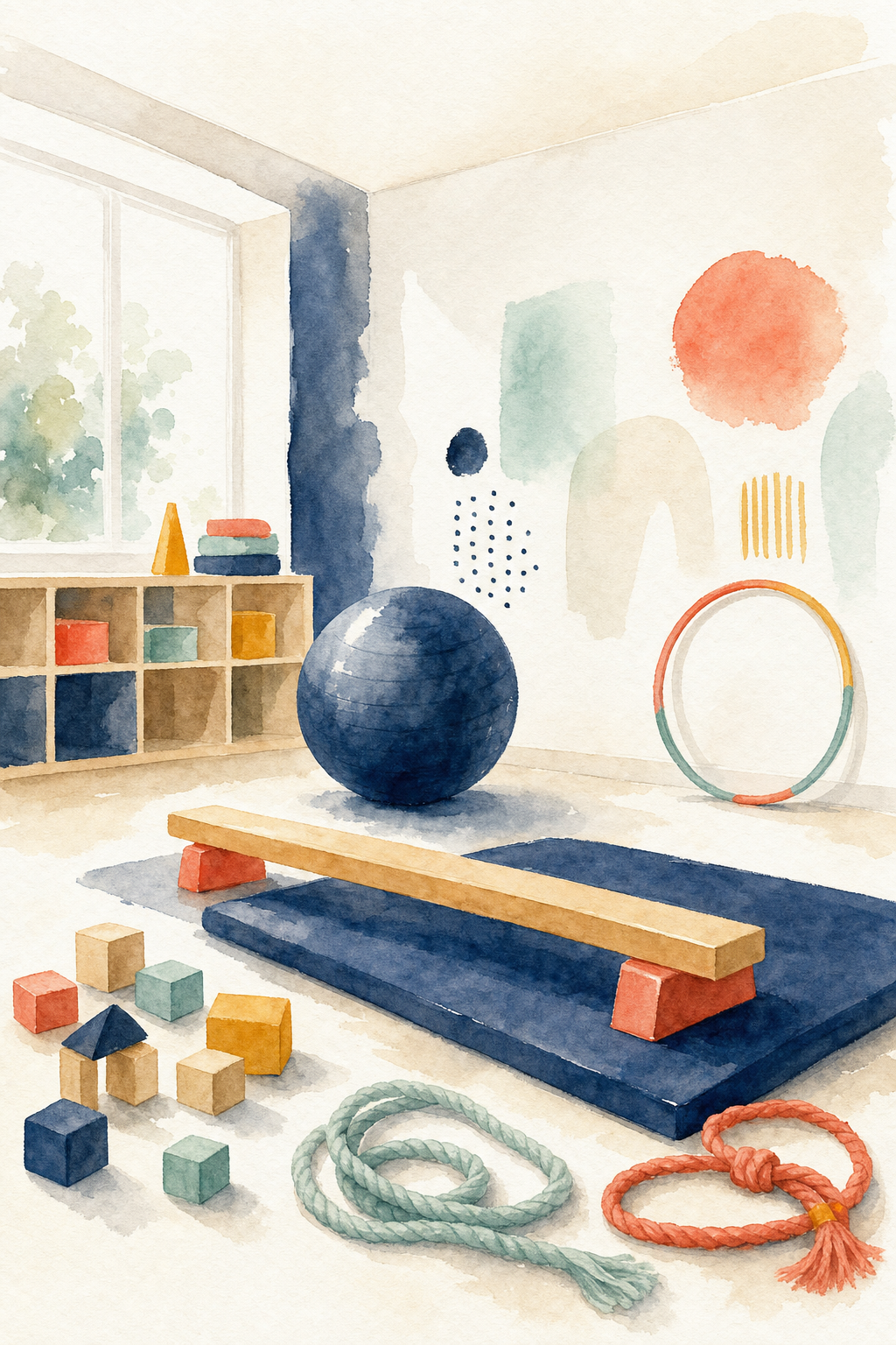 Illustration Psychomotricien - aquarelle salle de motricité avec ballon et tapis