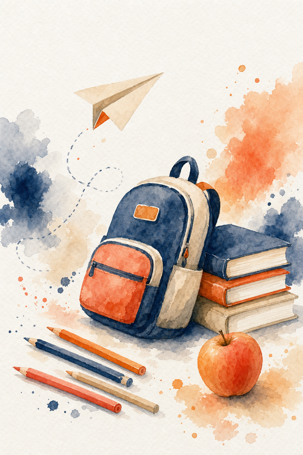 Illustration TDAH primaire - aquarelle cartable et fournitures scolaires