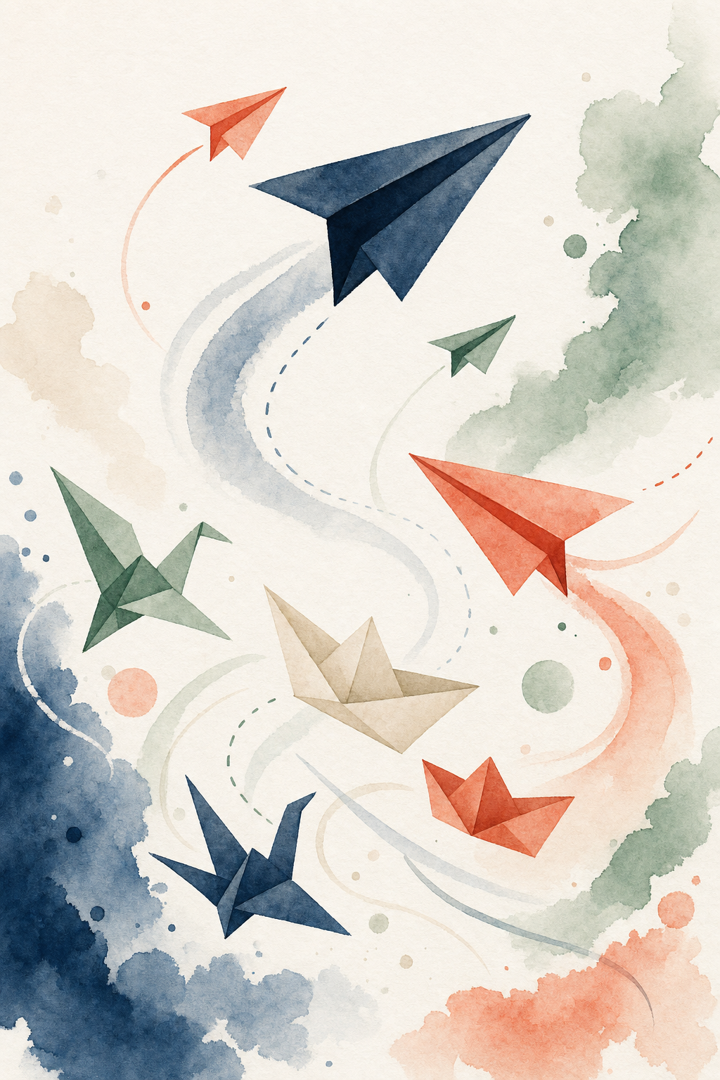 Illustration TDC - aquarelle origamis et trajectoires en mouvement